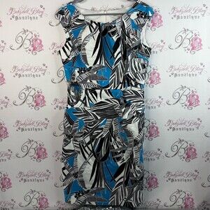 Cleo dress tropical line work flowers, Blue and Black Leaf Pattern Midi Dress